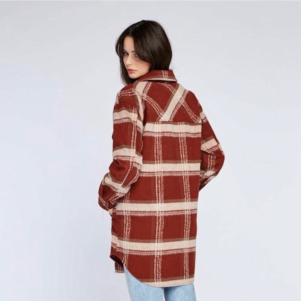 Gentle Fawn Leighton Jacket Red and Cream Plaid Flannel Button Up Long Shacket - Picture 4 of 9